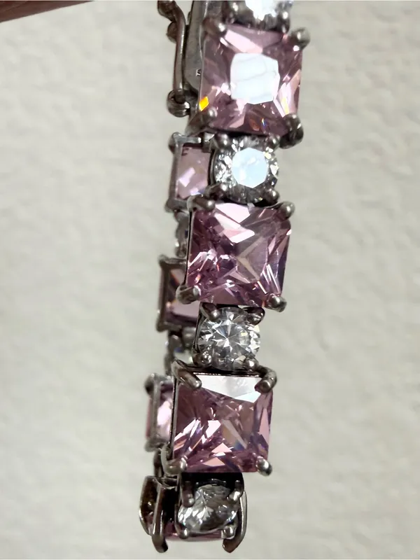 Vintage 925 Sterling Silver Princess Cut Pink CZ & Clear Round Tennis Bracelet - Image 8