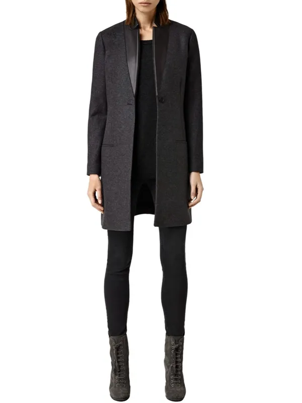AllSaints Lorie Wool Long Coat 2 Ink Black Slim Fit Single Breasted Leather - Image 14