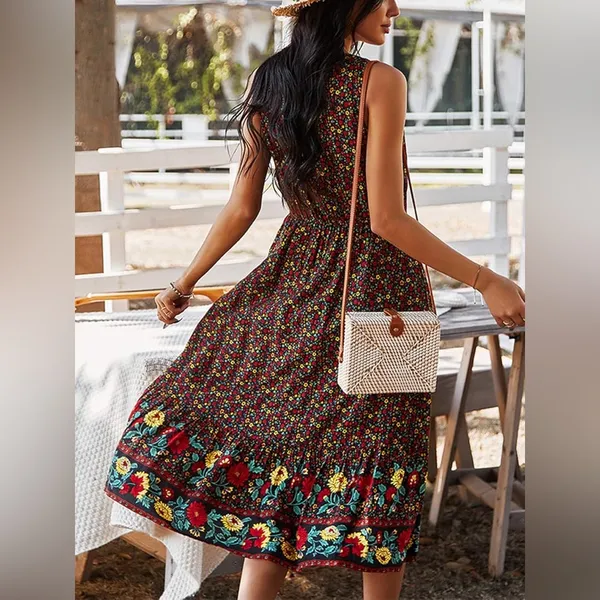 Amazon Bohemian V-Neck Printed Gathered Waist Midi Dress - Image 3