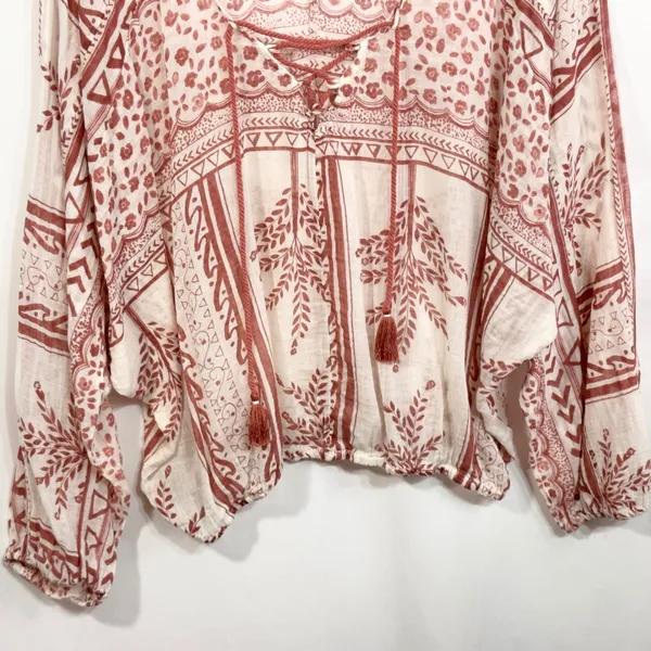 Free People Medium Tunic Top Blouse Floral Print Lace Up Bohemian Boho‎ 1254 - Image 7