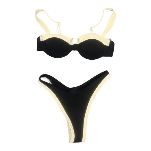 Boutique Black Cream Bikini Set Womens Small Underwire High Cut Thong Swimsuit - Image 5