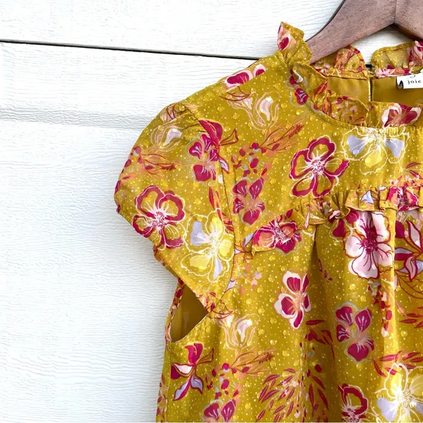 Joie Womens Shirt Blouse Mustard Yellow Pink Floral Ruffed Collar Medium - Image 6