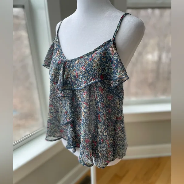 Vintage Y2K About A Girl Y2K Sheer Navy Floral Crop Ruffle Cami Tank Top Medium - Image 5