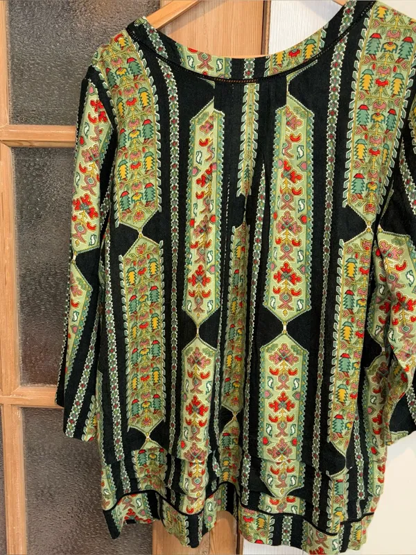 April Cornell Peru Ruffled Hem Blouse Top Olive Floral Green Herbs L - Image 10