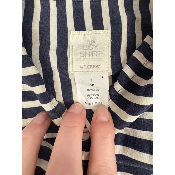 J.Crew The Boy Shirt Navy White Striped 100% Silk Button Down Size 10 - Image 5