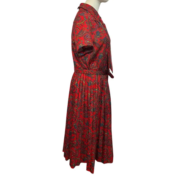 VTG 70s Red Paisley Dagger Collar Midi Dress with Matching Belt M Whimsygoth - Image 15