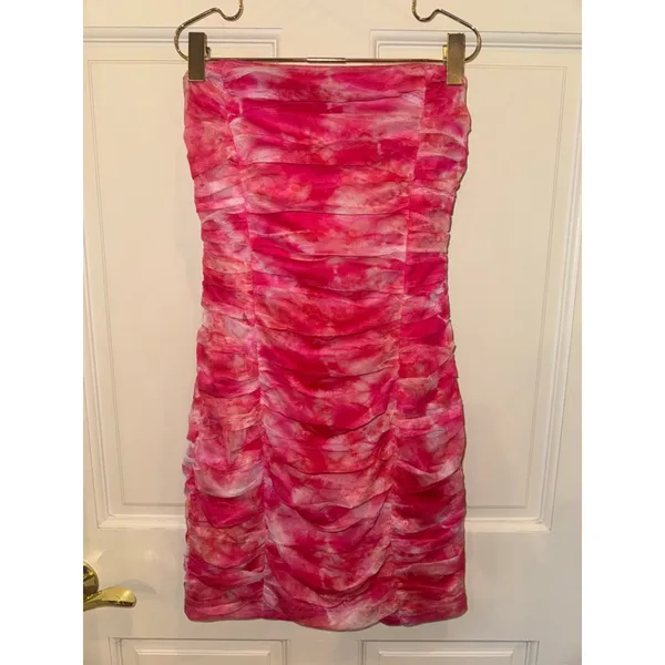 Revolve Ivanna Pink Tie-Dye Ruched Strapless Mini Dress S - Image 6