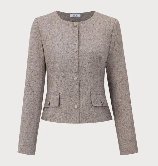 Rihoas Round Neck Khaki Single-Breasted Jacket & Pocket Pleated Mini Skirt - Image 8
