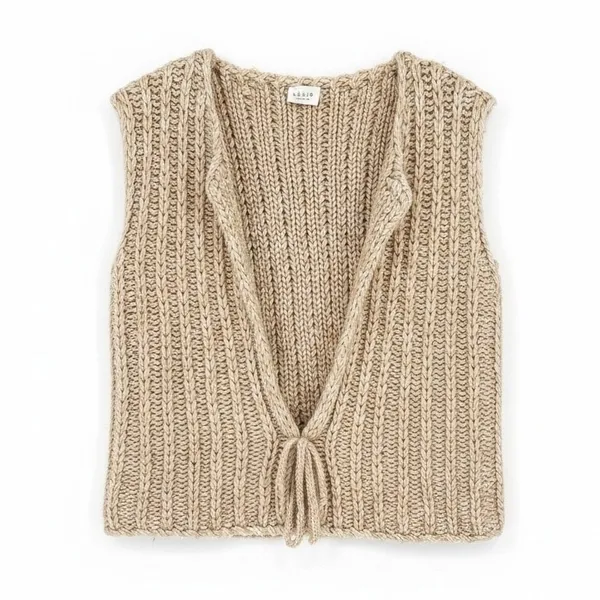LE LIS Beige Chunky‎ Cable Ribbed Knit Sweater Vest Medium Tan Open Front Tie - Image 2