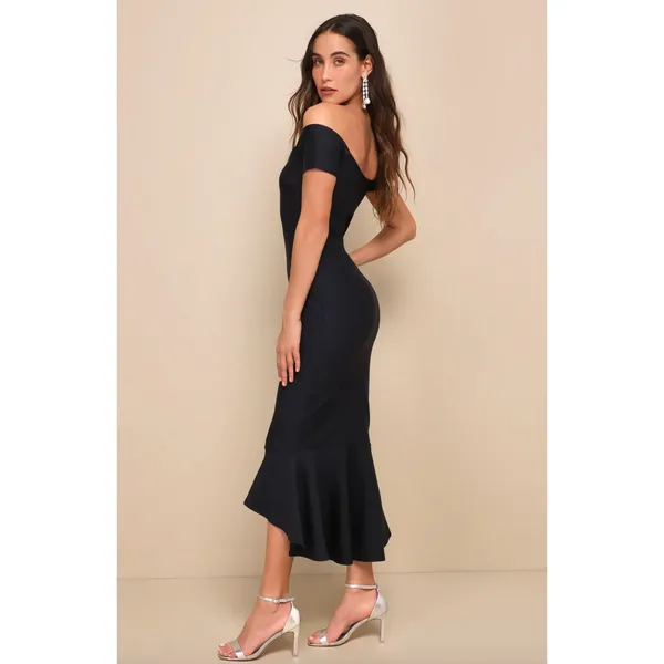 Lulus How Much I Care Midnight Blue Off-the-Shoulder Midi Dress Cocktail XS NWT - Image 3