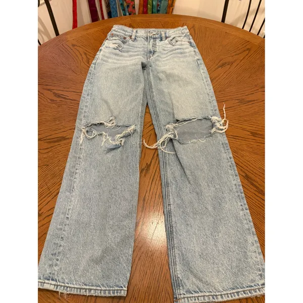 American Eagle Strigid Jeans Women 000 Light Wash Distressed Wide Leg High Rise - Image 7