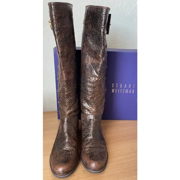 Stuart Weitzman Brown Leather Tall Boots – Brass Ring Hardware – Size 6 - Image 7