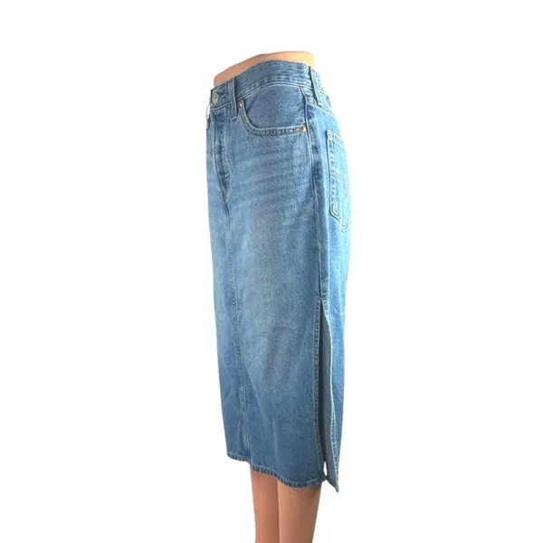 Levi's Light Blue High Rise Side Slit Classic Midi Flare A-Line Denim Skirt 27 - Image 2