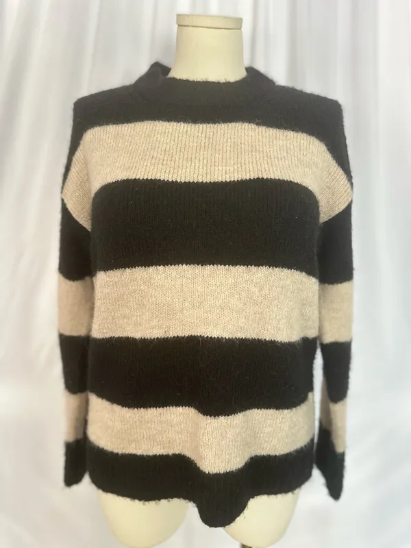Magaschoni Striped Sweater Black Beige Alpaca Blend Cozy Soft Size M (1271) - Image 2