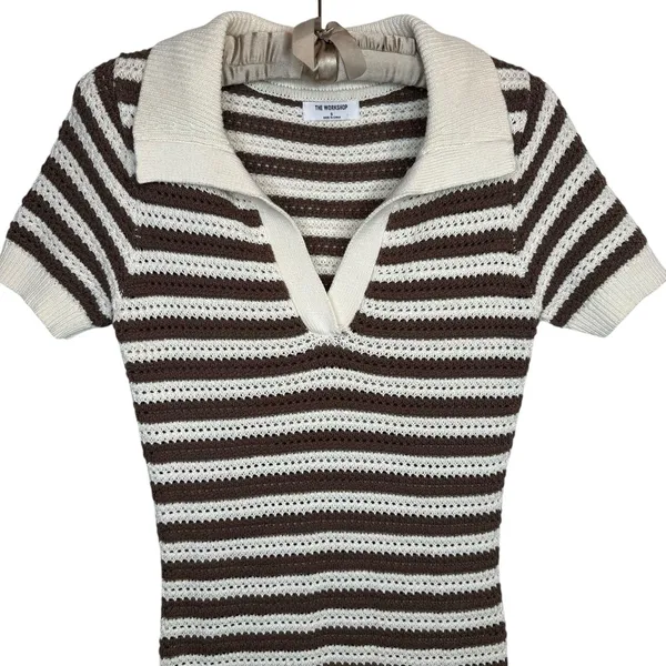 The Workshop Crocheted Midi Dress S Brown Striped Collared Retro Cotton Knit‎ - Image 4