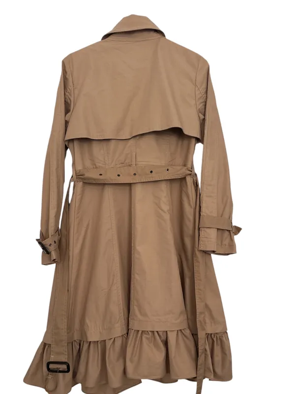 Genuine People Beige Khaki Cotton Ruffle Hem Belted Trench Coat Medium M - Image 4