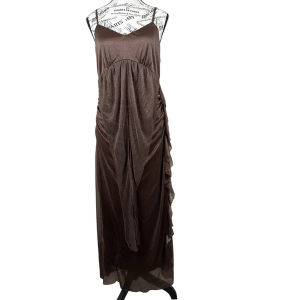 SheIn Women Brown Maxi Dress L Ruched Draped Spaghetti Strap Y2K Evening Party - Image 2