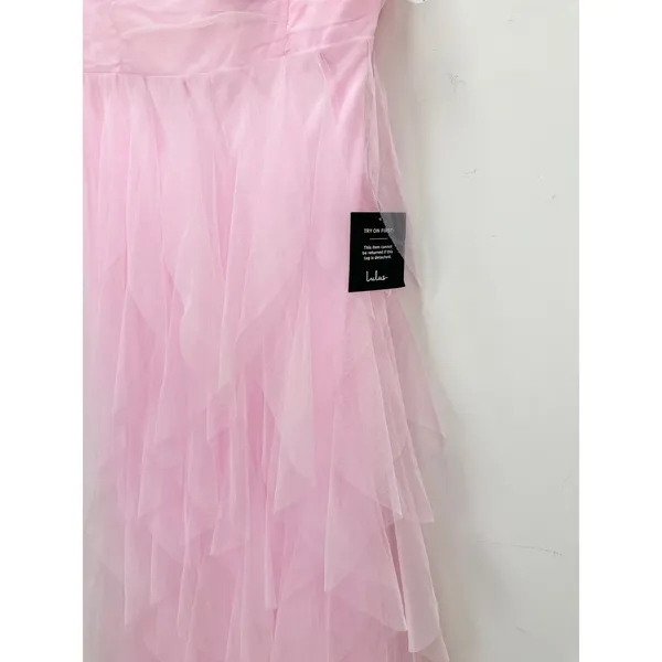 Lulus Delightful Beauty Pink Mesh Strapless Ruched Ruffled Maxi Dress XL NWT - Image 7