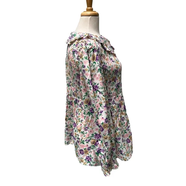 Pieces Maternity Smock‎ Top L Multicolor Floral Smocked Ruffle Collar Romantic - Image 8