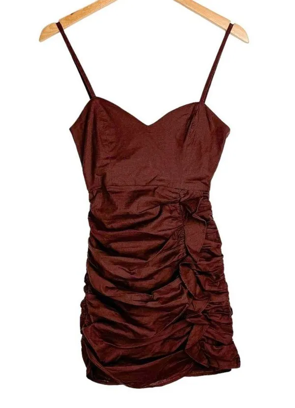 NWT Zara Brown Ruched Ruffle Mini Dress Sz XS - Image 3