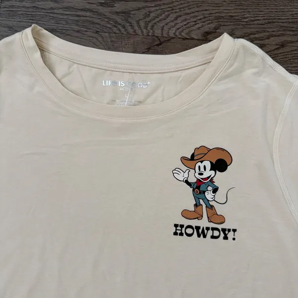 Life Is Good Active Disney Mickey Mouse Howdy Graphic Tee Women's L NWT Cream - Image 4