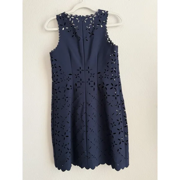 J.Crew Navy Blue‎ Laser Cut Shift Eyelet Dress Lined Sleeveless Womens Size 2 - Image 4