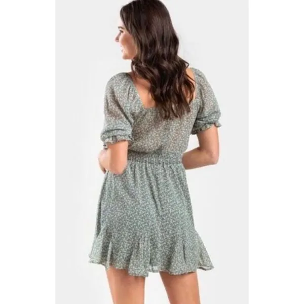 Francesca’s Mi Ami Floral Ruffle Chiffon Cottagecore Prairie Mini Dress Green Me - Image 4