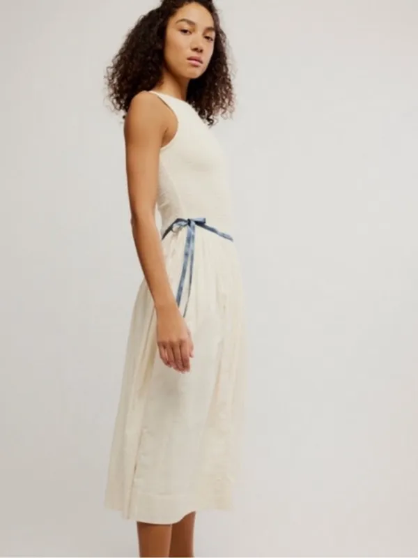 NWOT Free People Nightingale Solid Midi Dress with Navy Tie - Image 2