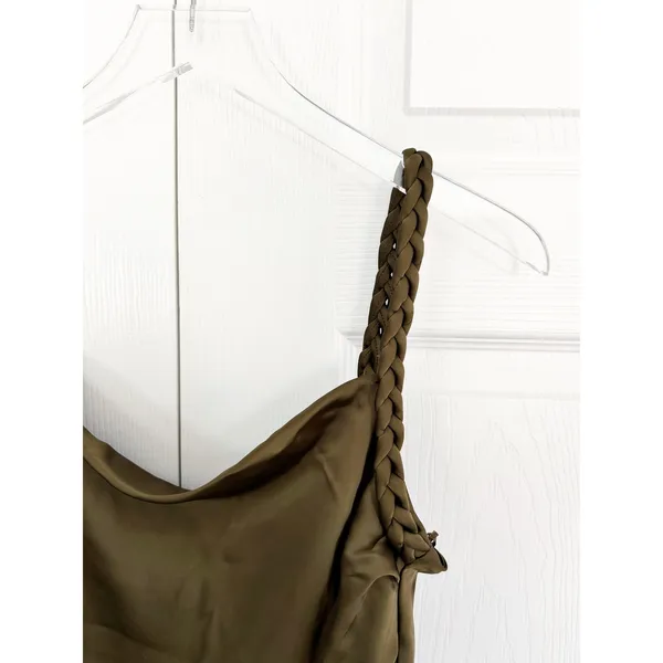 House of Harlow 1960 Olive Green Braided Strap Satin Mini Dress - Image 3