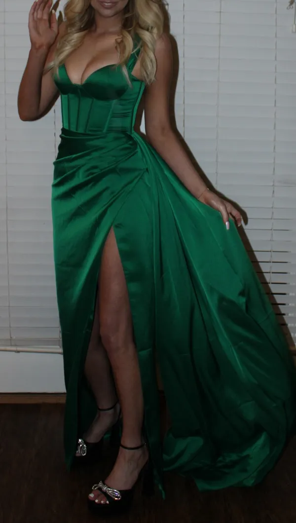 Miss Circle ASOS Green Off-Shoulder Crystal Corset Satin Gown - Image 2