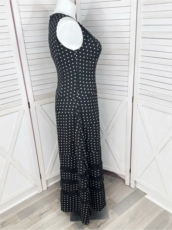 Anne Klein Polka Dot Lace Inset Sleeveless Maxi Dress Black White 12 Chiffon - Image 3