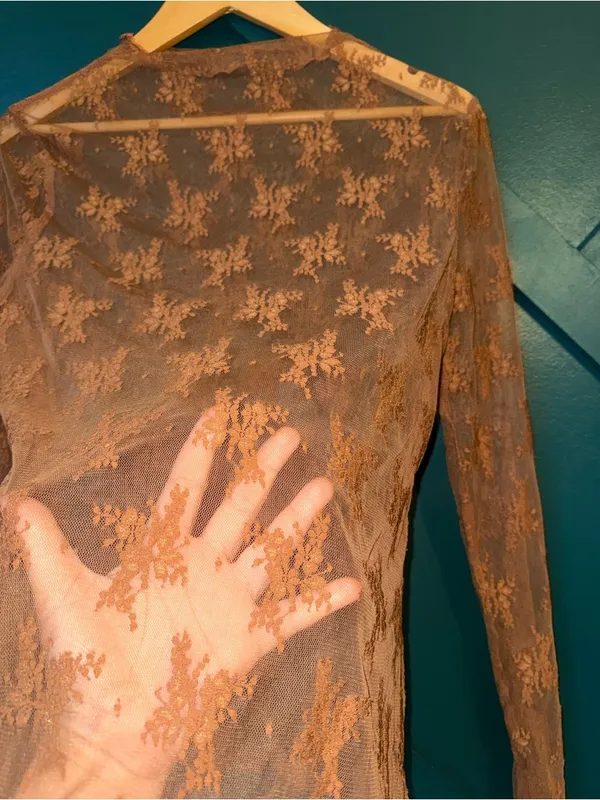 Sheer Floral Lace Mock Neck Long Sleeve Mesh Top Romantic Boho Y2K Brown Size XL - Image 4