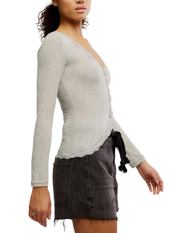 NWT Free people Big Love Ribbed Cardigan Elegant Grey Lace-Trimmed Small - Image 6