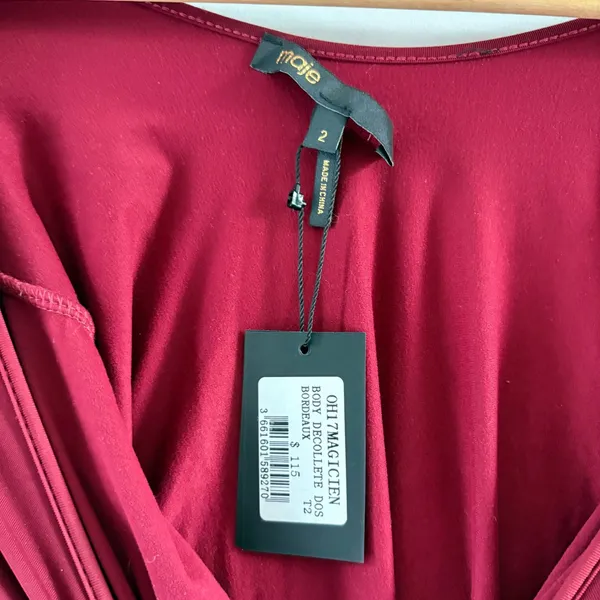 Maje Magicien Bordeaux Red‎ Long Sleeve Low Back Bodysuit Size 2 NEW - Image 6
