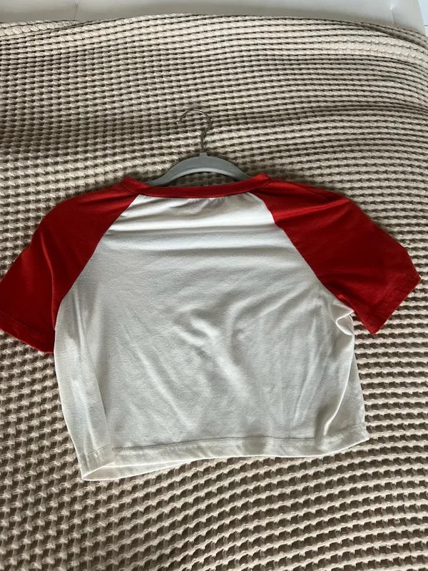SHEIN white + red cropped baseball tee Size S #croptop #baseballtee - Image 2