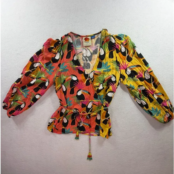 Farm Rio for Anthropologie Toucan Print Wrap Top Orange Yellow Beaded Tassel XS - Image 6