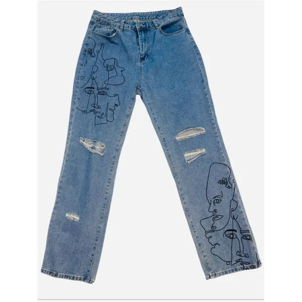 SHEIN Light Blue Boyfriend Jeans with Abstract Line-Face Print - Image 2
