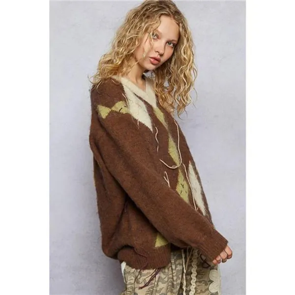 POL V-Neck Argyle Pattern Mohair Sweater with‎ Contrast Exposed Stitch Detail - Image 14