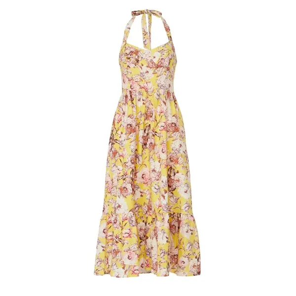Bardot Labella Midi Dress Yellow Floral Size 6 Linen Bustier Halter Vintage Vibe - Image 3