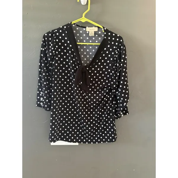 Diana Belle Womens Black White Polka Dot Tie Neck 3/4 Sleeve Blouse Top‎ Size S - Image 2