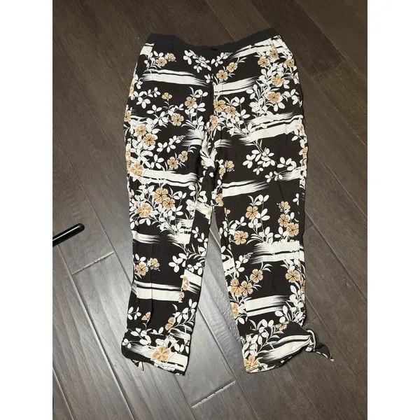 Anthropologie Elevenses Women Pants Size L‎ Black Floral Joggers Tie Hem Pockets - Image 2