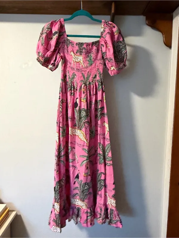 Mary Marshmallow Pink Jungle Animal Smocked Maxi Dress S - Image 2