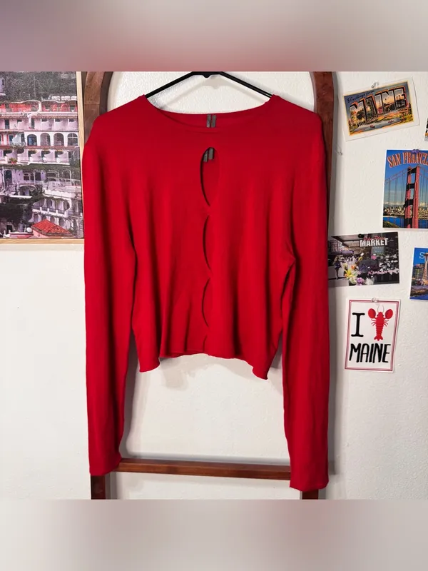 Anthropologie Twisted Cut-Out Sweater Red Knit Viscose Keyhole Long Sleeve Top - Image 3