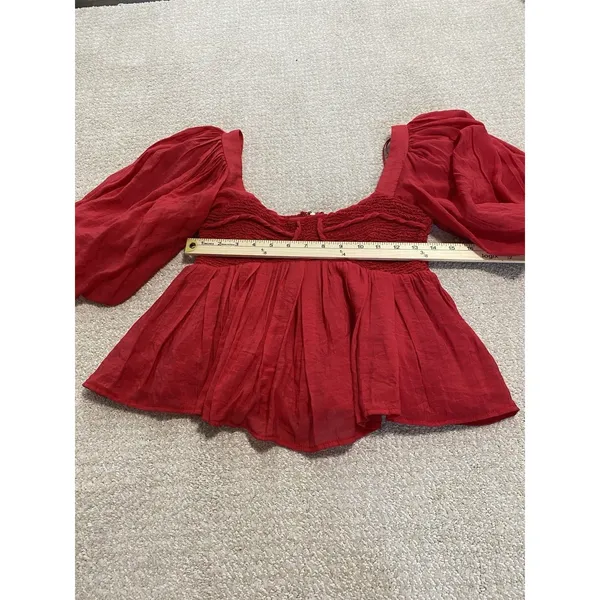 Sofie the label Red Puff Sleeve Smocked Ruffle Cropped Top Square Neck Size S - Image 10