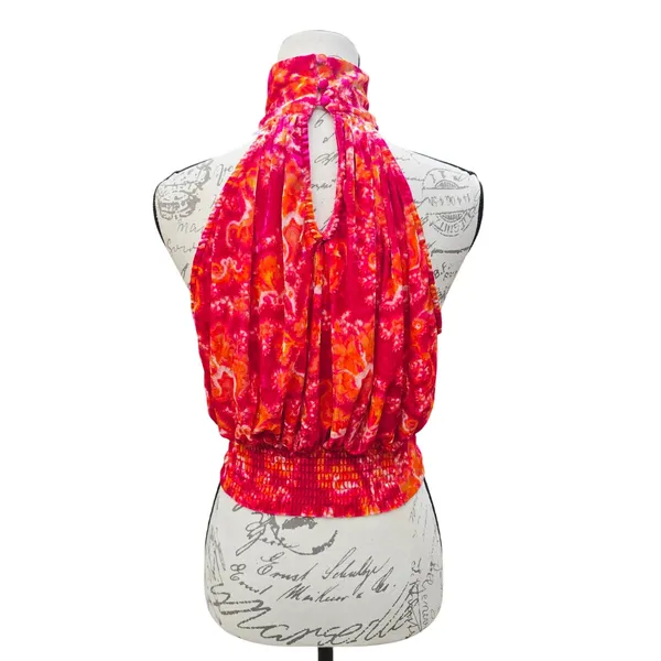 Free People -1853 Take‎ A Break Velvet Floral Orange Halter Top Blouse XS - Image 4