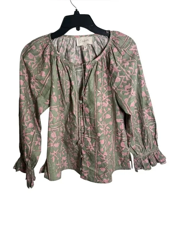 CLEOBELLA Whitley Ruffle Sleeve Button Front Split V-neck Tie Boho Blouse XS - Image 3