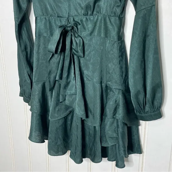 Storia Emerald Green Jacquard V-Neck Ruffle Mini Dress Small 857 - Image 11