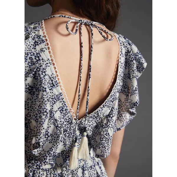Anthropologie V-neck Plunge Tunic Mini Dress Blue Floral Crochet Tassel Large‎ - Image 3