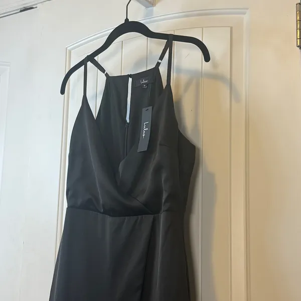 Lulus Black Wrap Mini Dress Surplice Neck Satin Finish Cocktail Party Size M NWT - Image 4