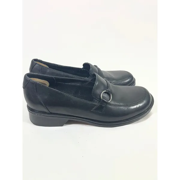 Clarks Leather Loafers Women 8 Black Silver Ring Detail Low Block‎ Heel Slip On - Image 3